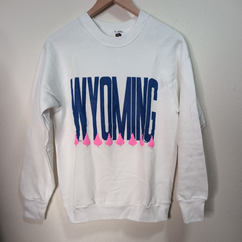 Vintage 80s Wyoming Sweatshirt USA White Neon Pink Crewneck NOS Deadstock